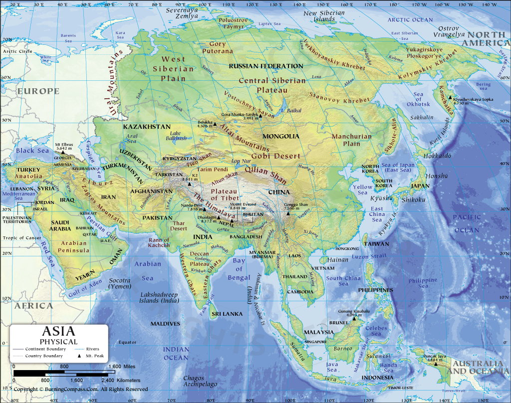 Asia Physical Map, Asia Physical Features Map