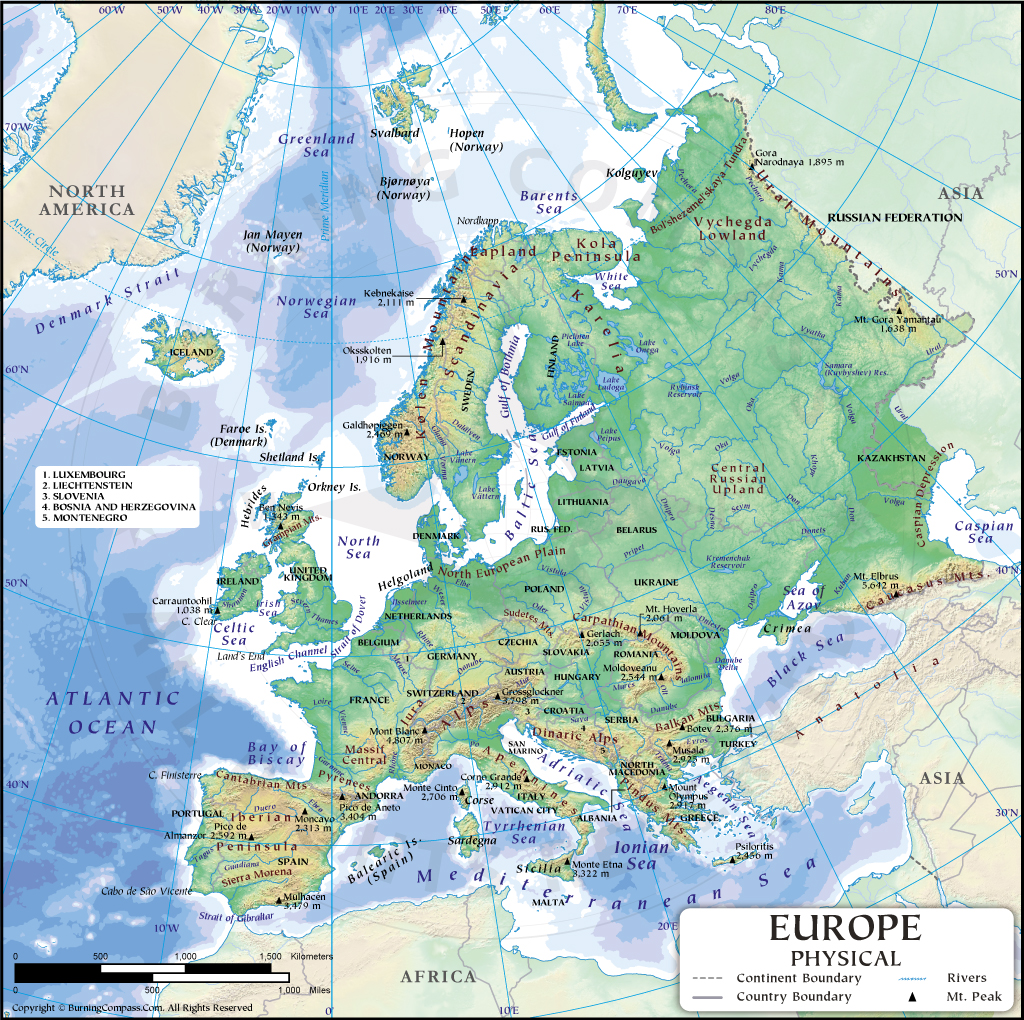 Europe Physical Map, Europe Physical Features Map