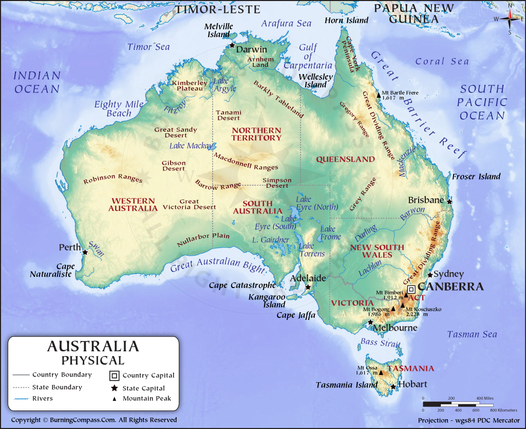 Australia Physical Map, Physical Map of Australia