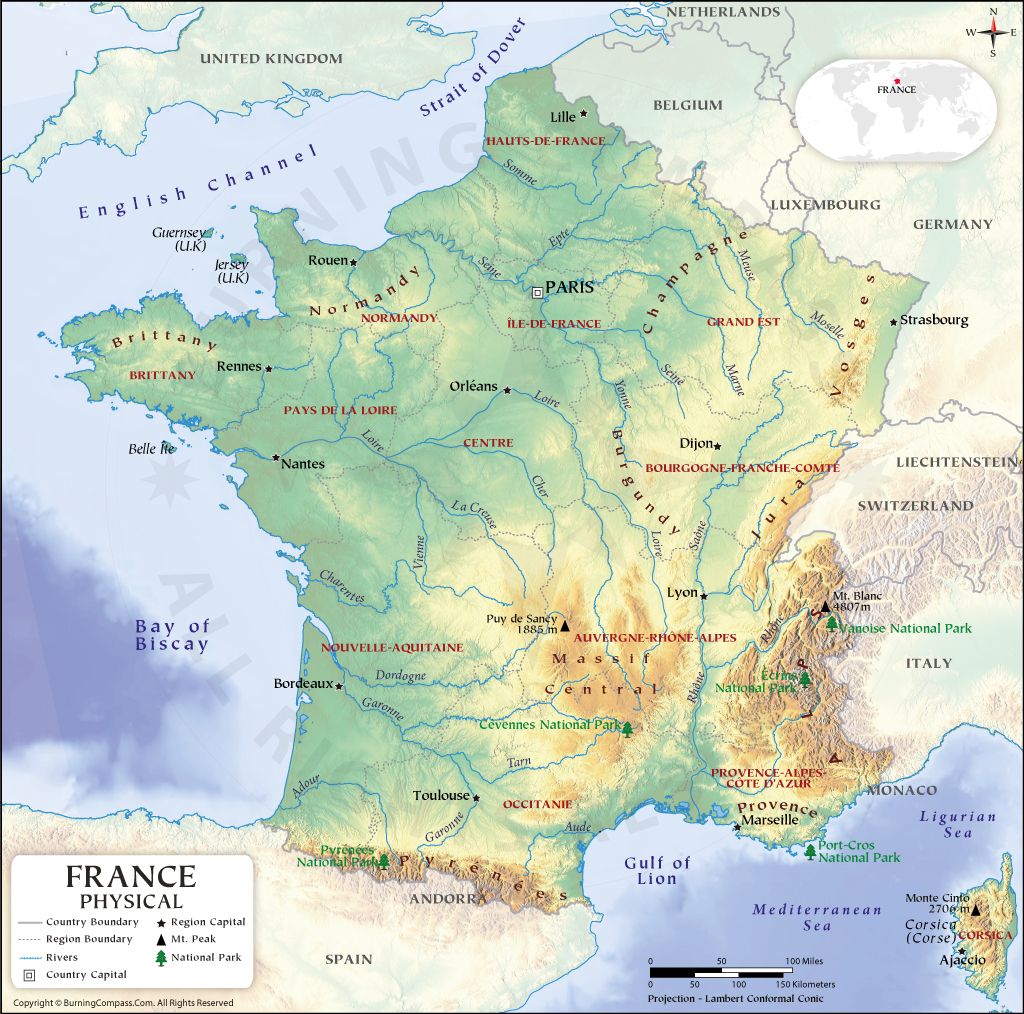 France Physical Map, France Physical Features Map