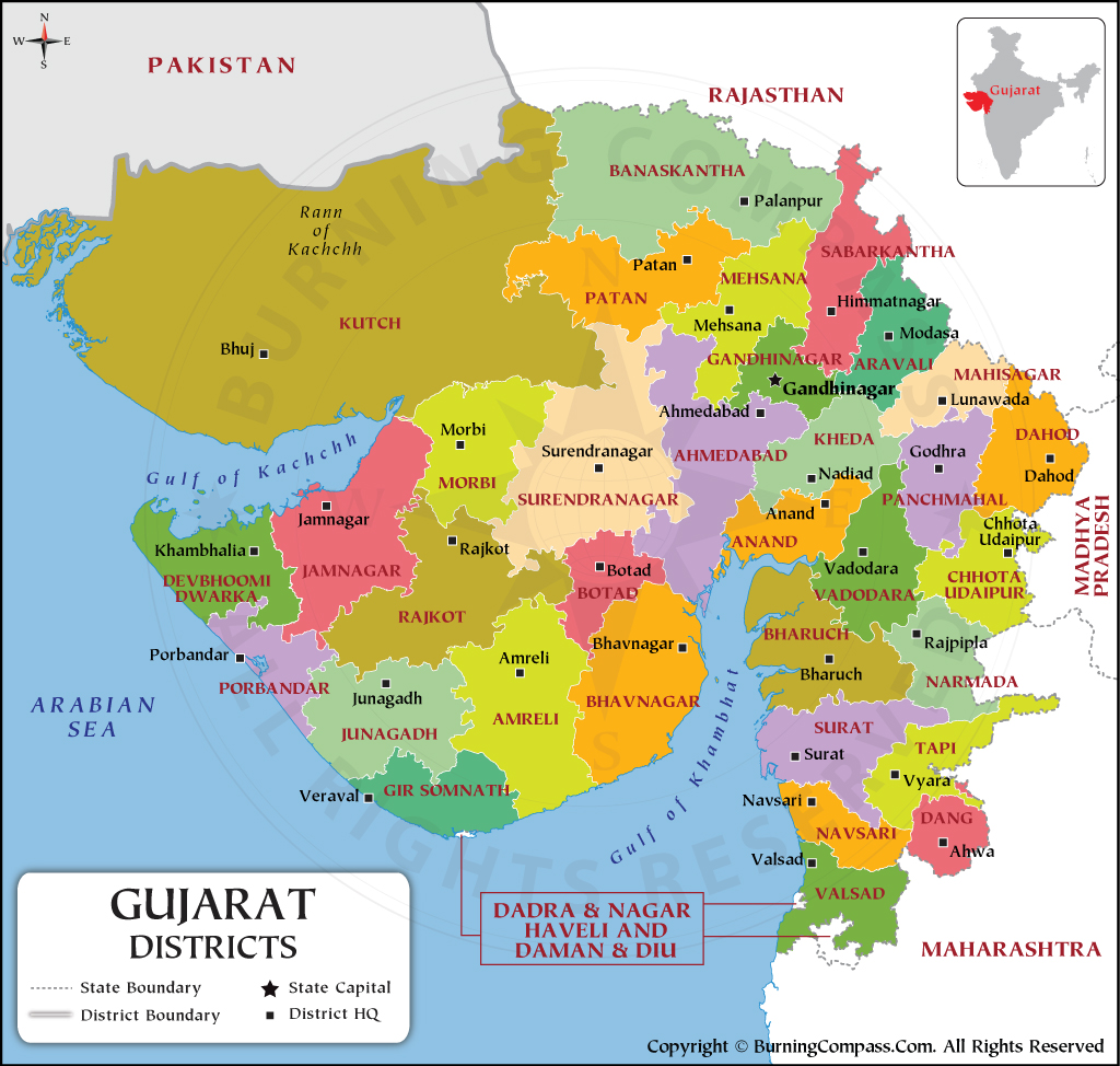 Outline Map Of Gujarat With Districts Gujarat District Map, Gujarat Political Map