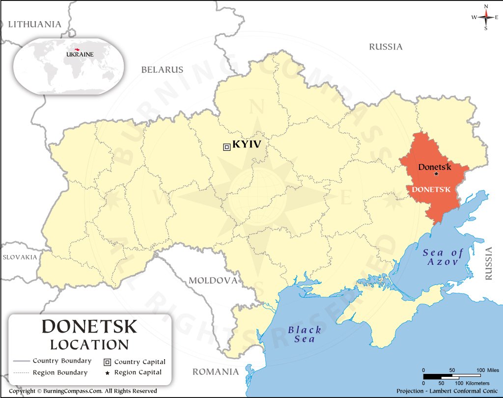 Donetsk on Ukraine Map