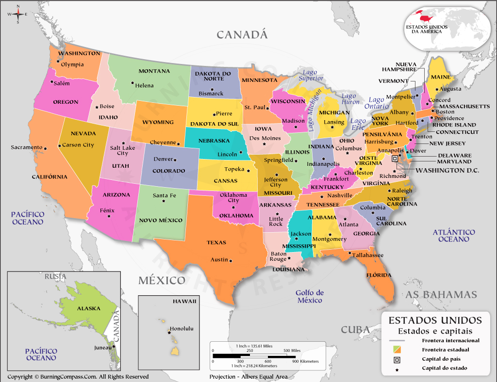 Mapa dos Estados Unidos com capitais, Mapa dos Estados Unidos da América