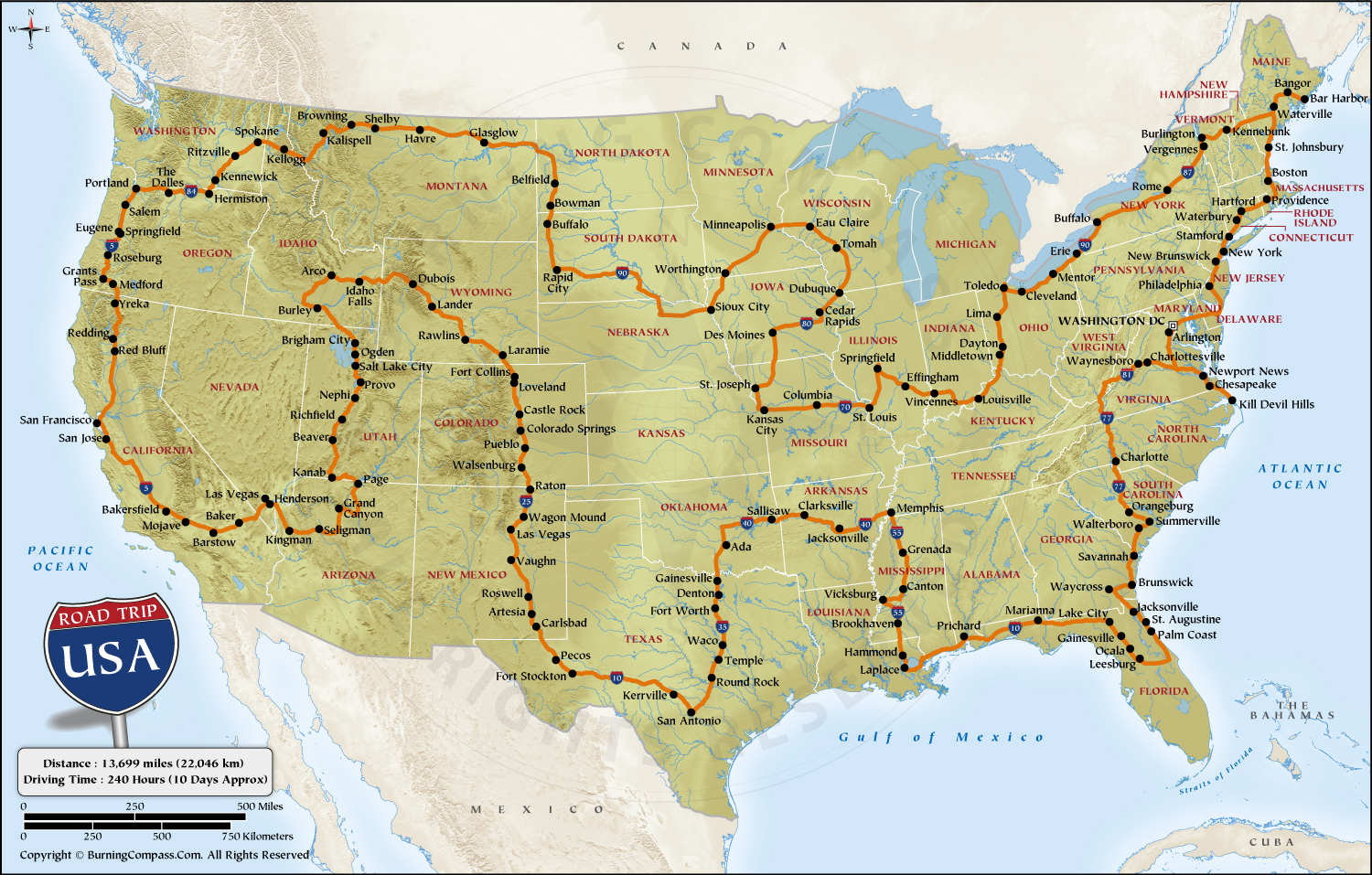 US Road Trip Map HD