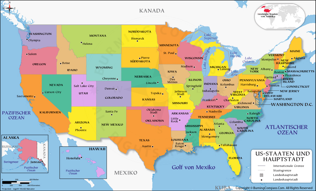 USA Karte, US Karte, US Map in Deutsch, US Map in German Language