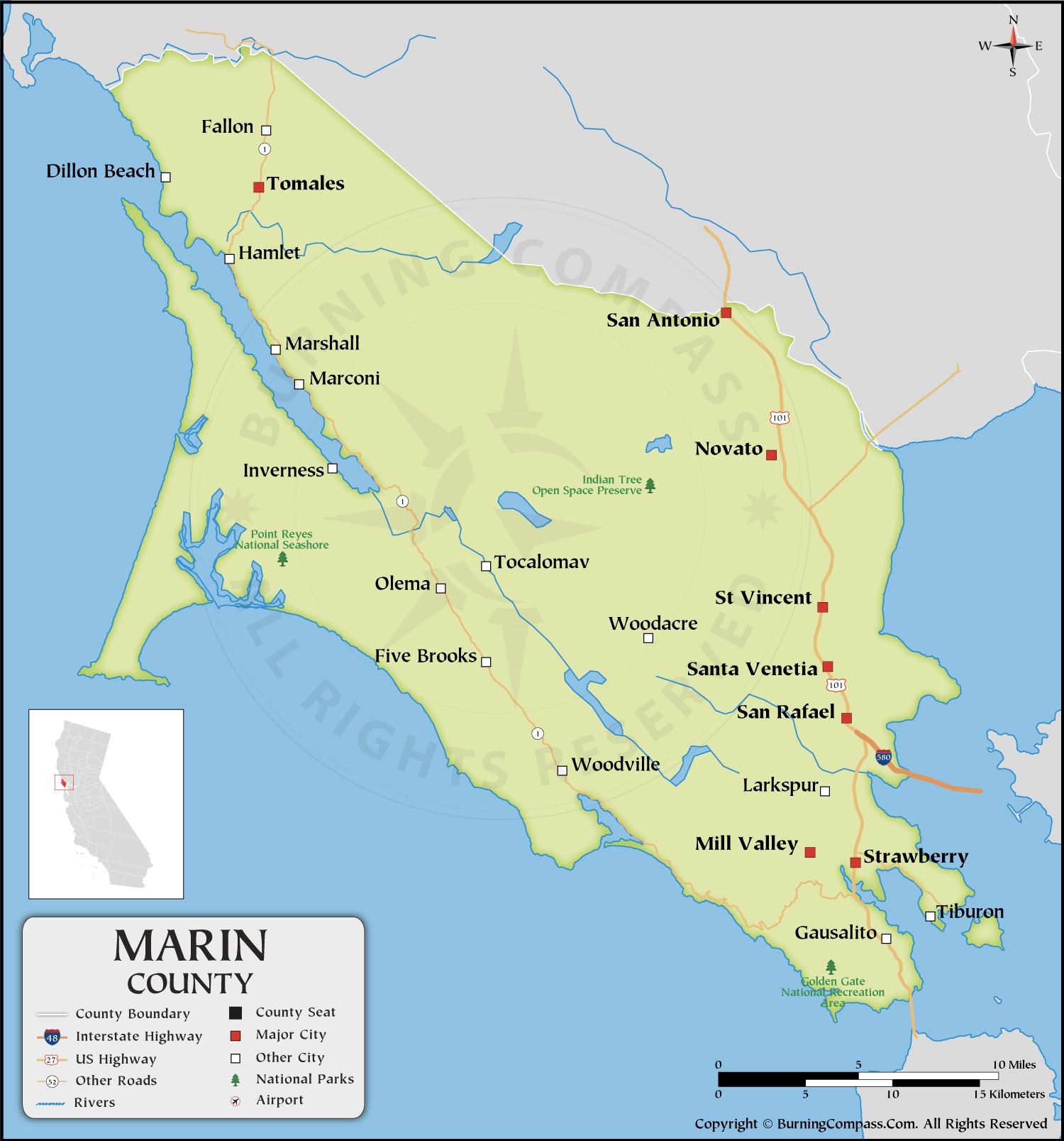 Marin County Map, County Map of Marin, California, USA