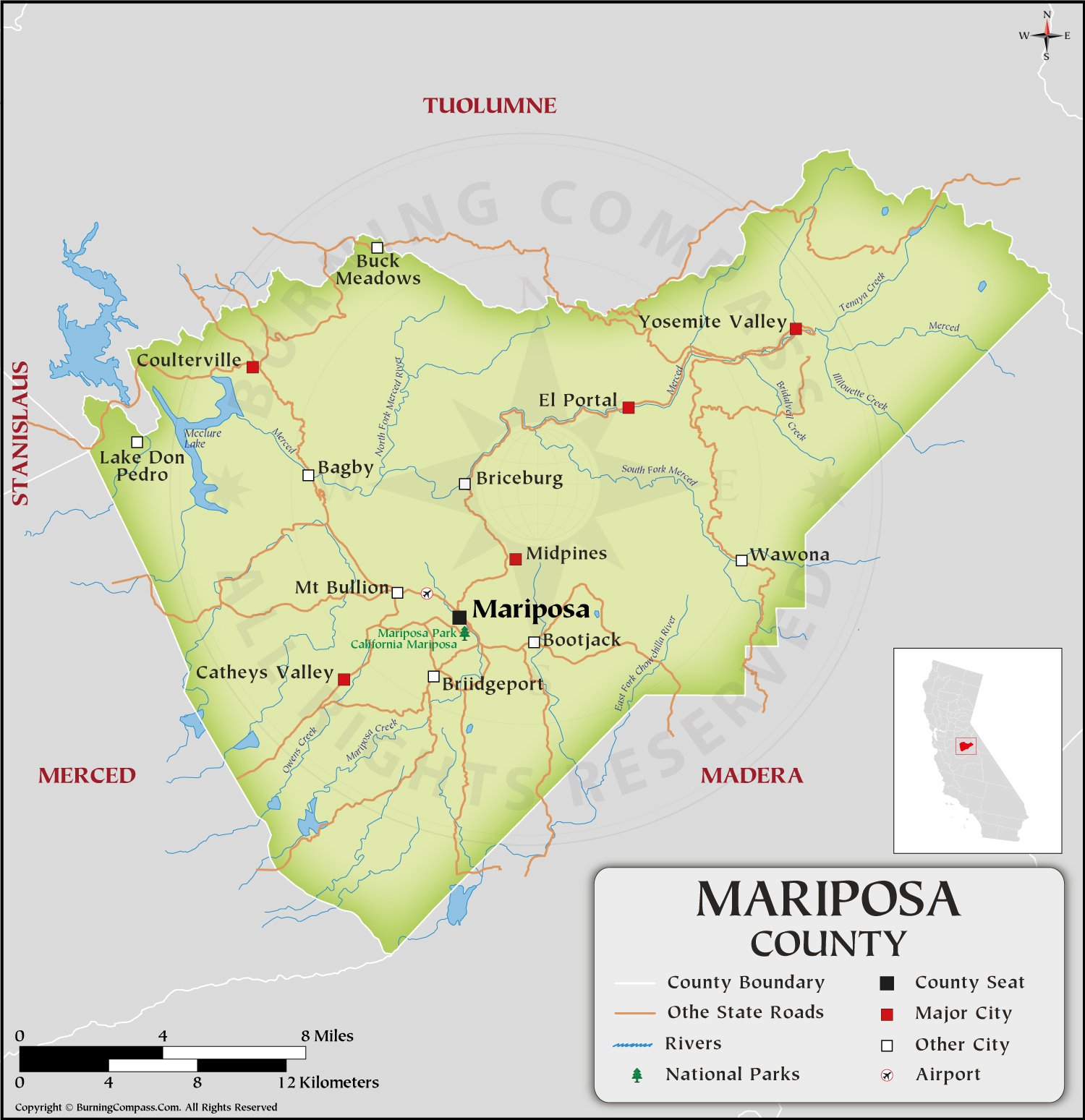 Mariposa County Map HD, California, USA