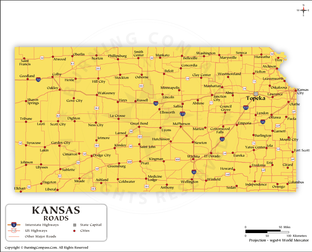Kansas Road Map with Interstate Highways and US Highways