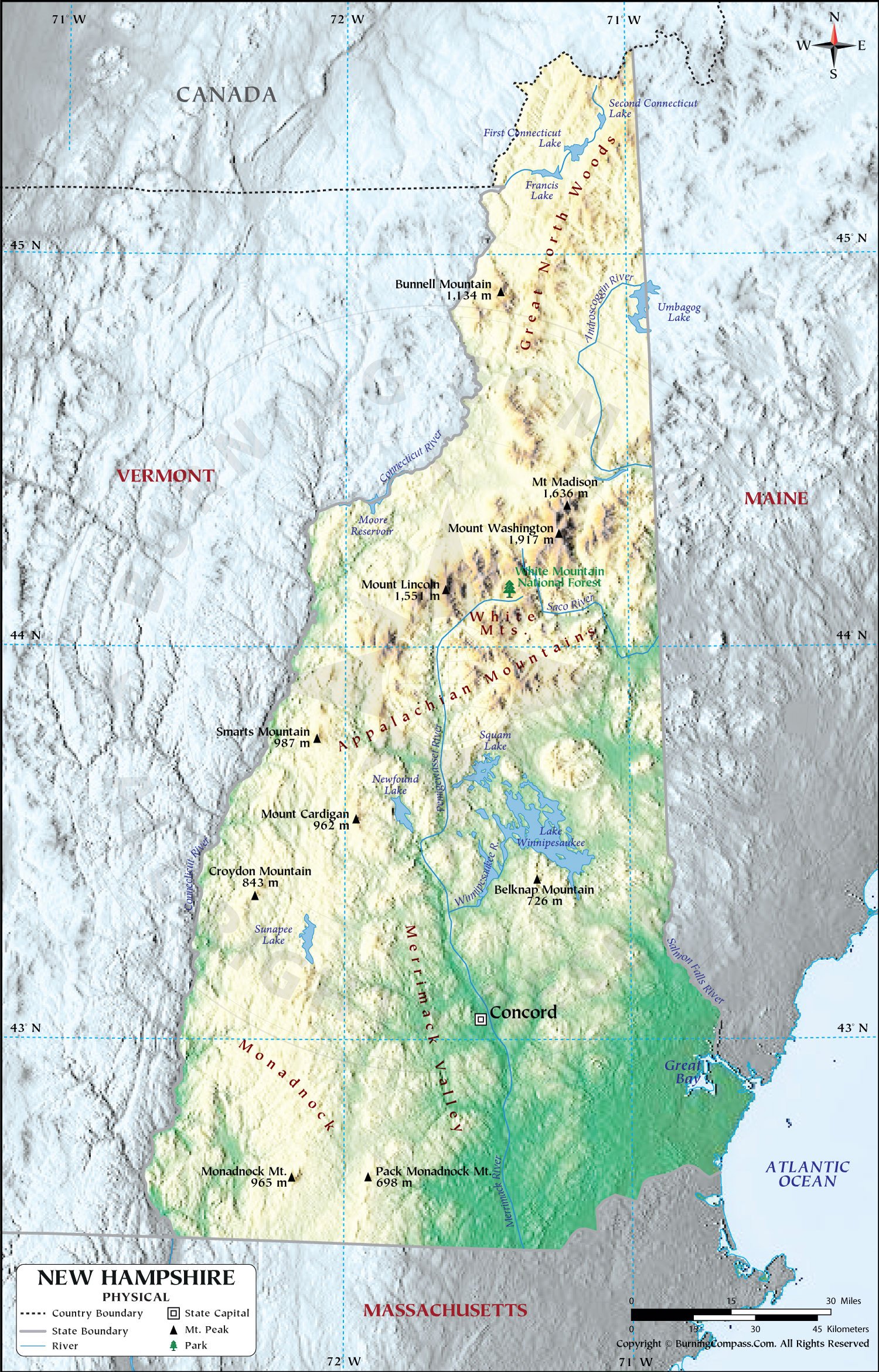 New Hampshire Physical Map HD