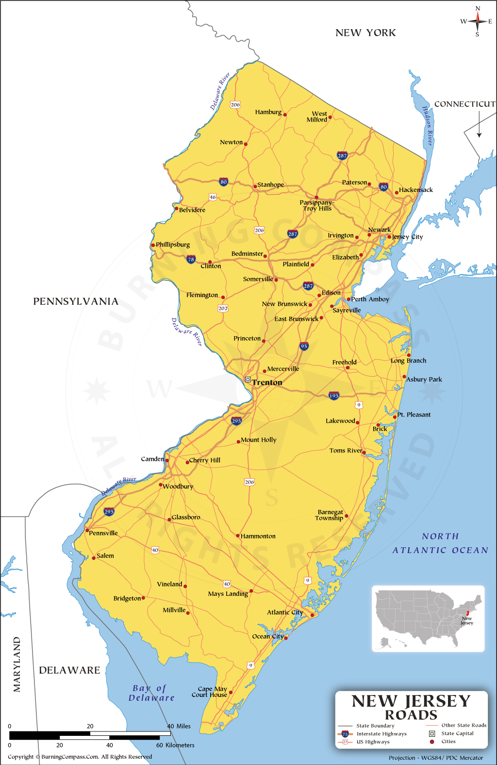 Detailed New Jersey Cut-Out Style Digital Map With Counties, Cities ...