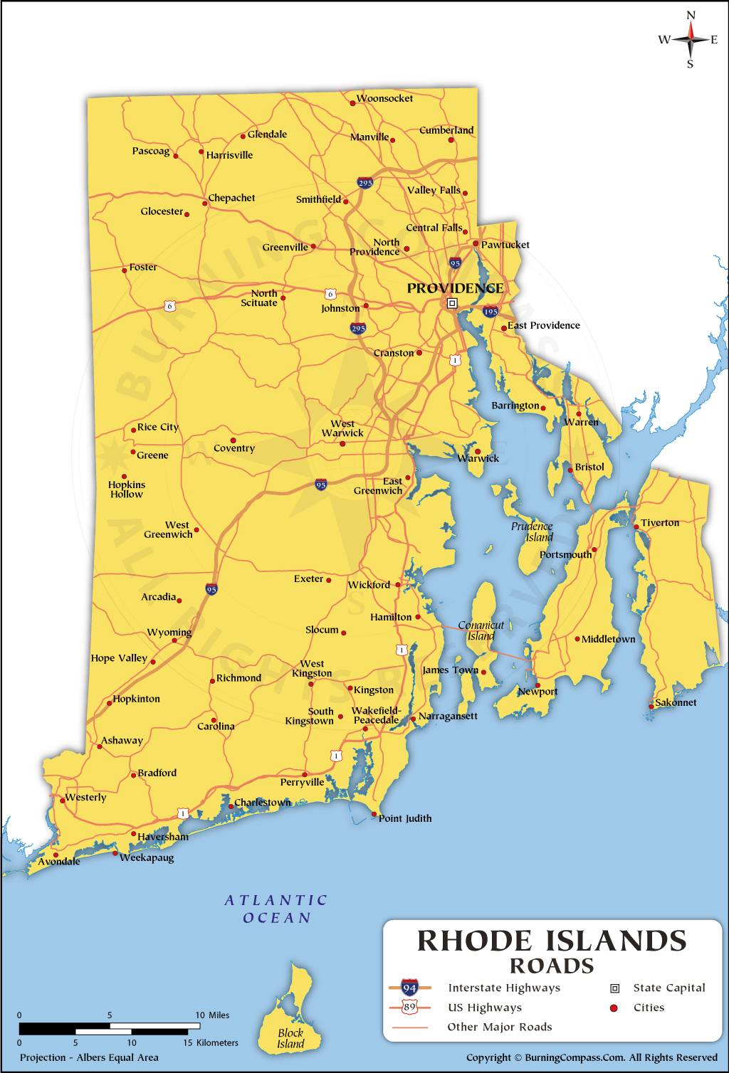 Rhode Island Road Map with Interstate Highways and US Highways