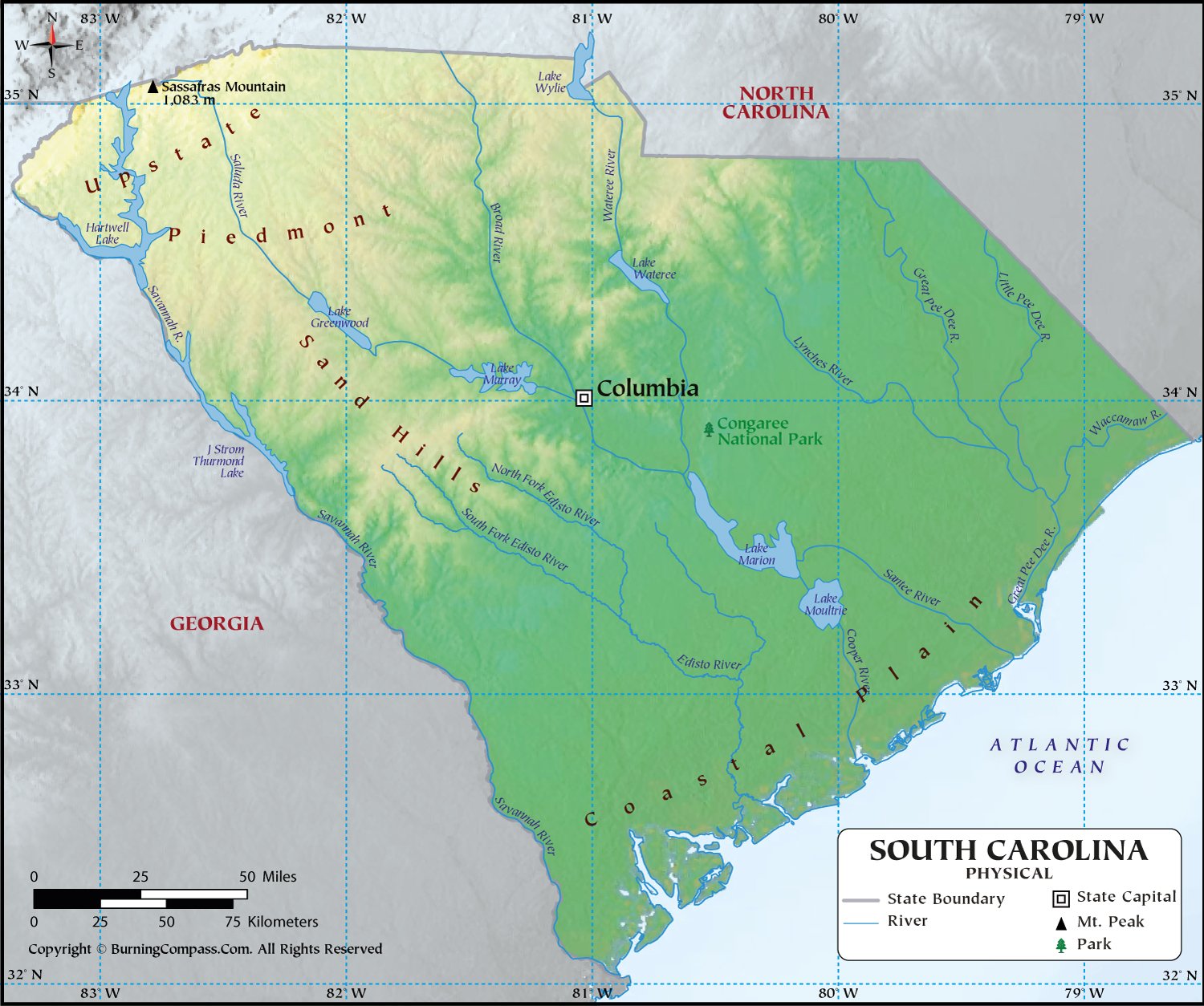 South Carolina Physical Map HD