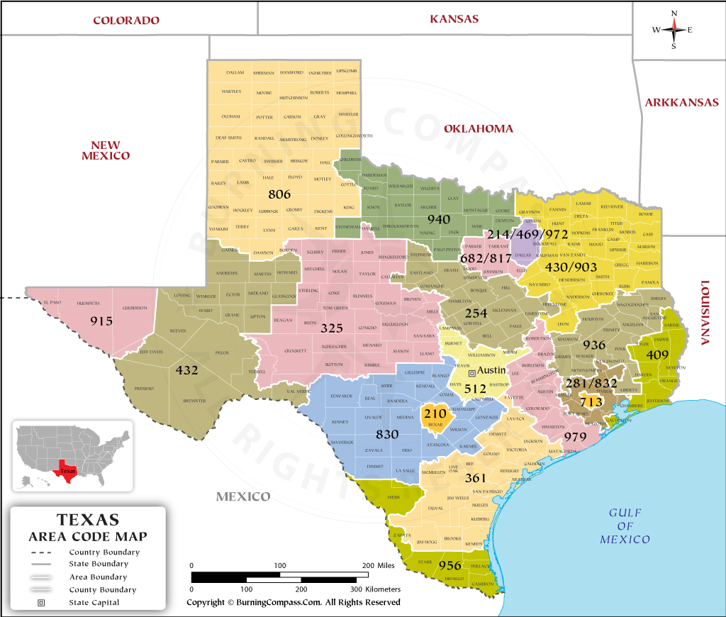 Texas Area Code Map, Texas Area Codes