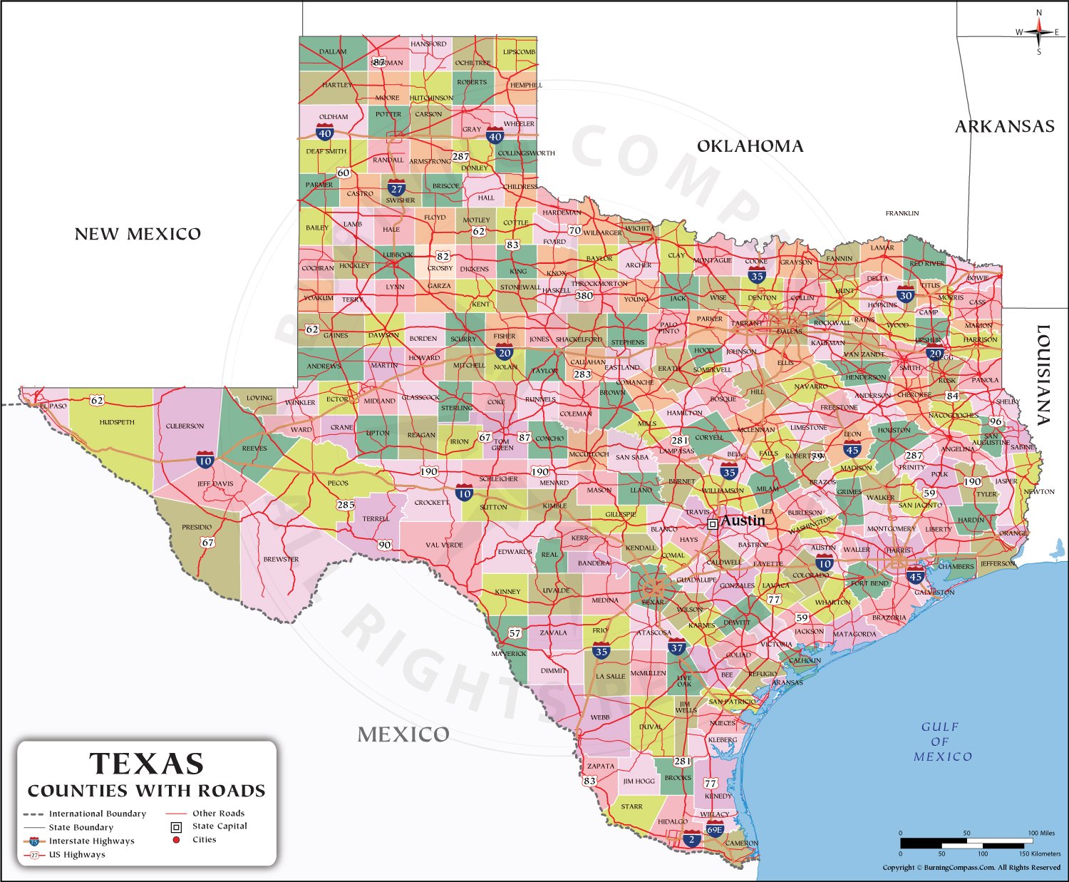 Texas County Map with Roads HD