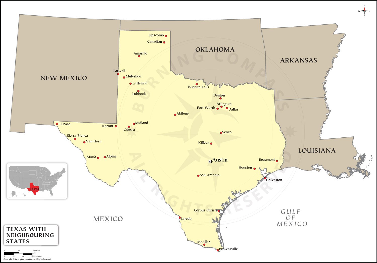 Texas Map with Neighbouring States HD