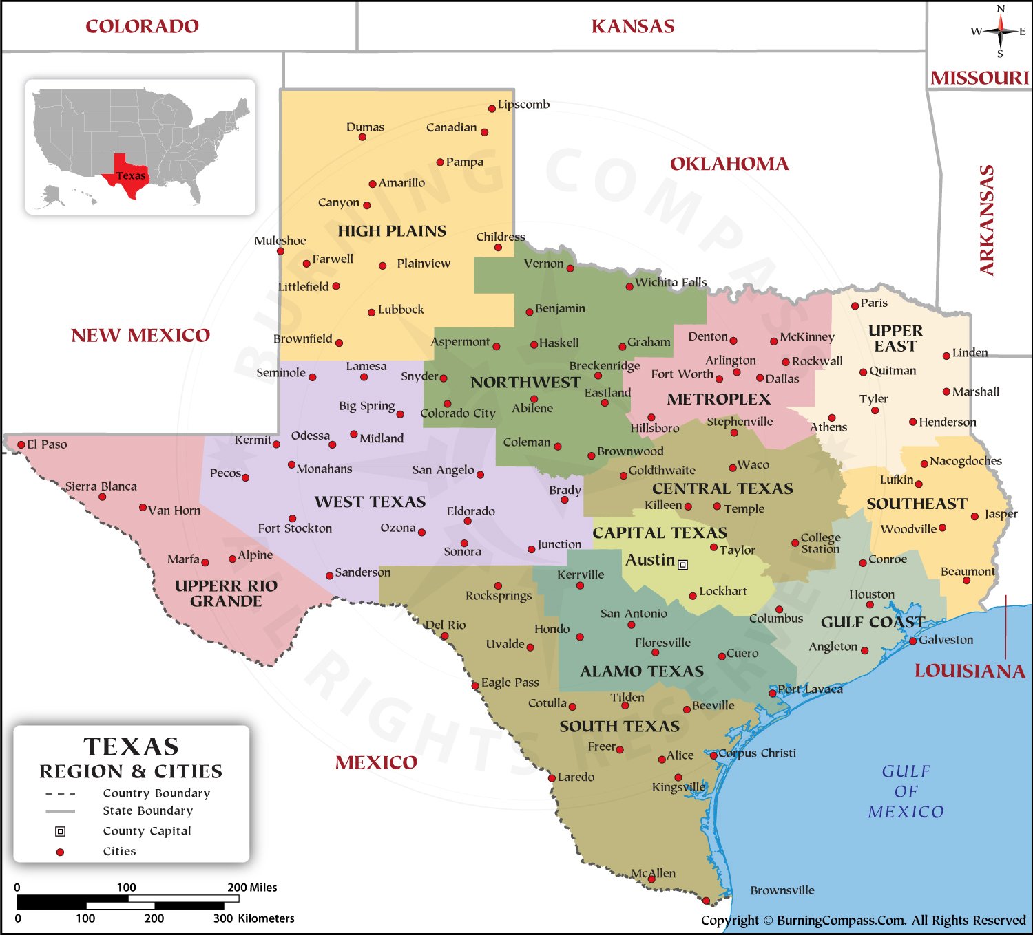 Texas Region Map with Cities HD