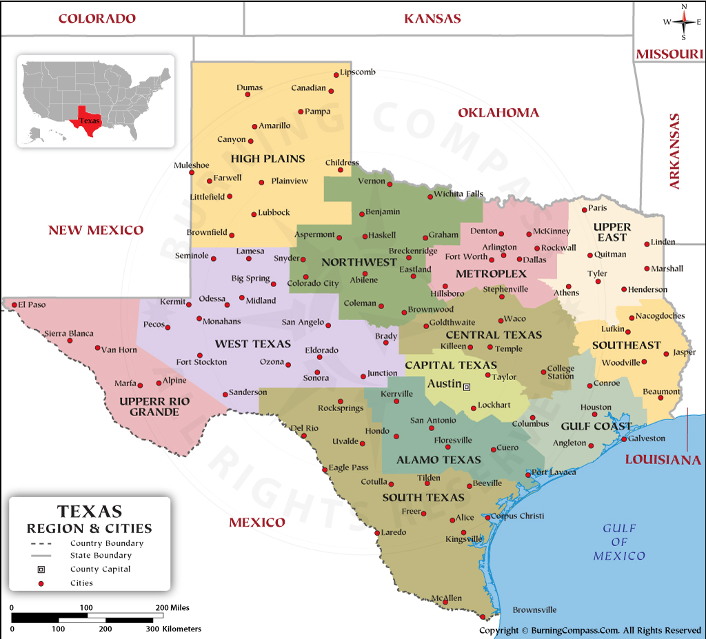 Texas Region Map with Cities