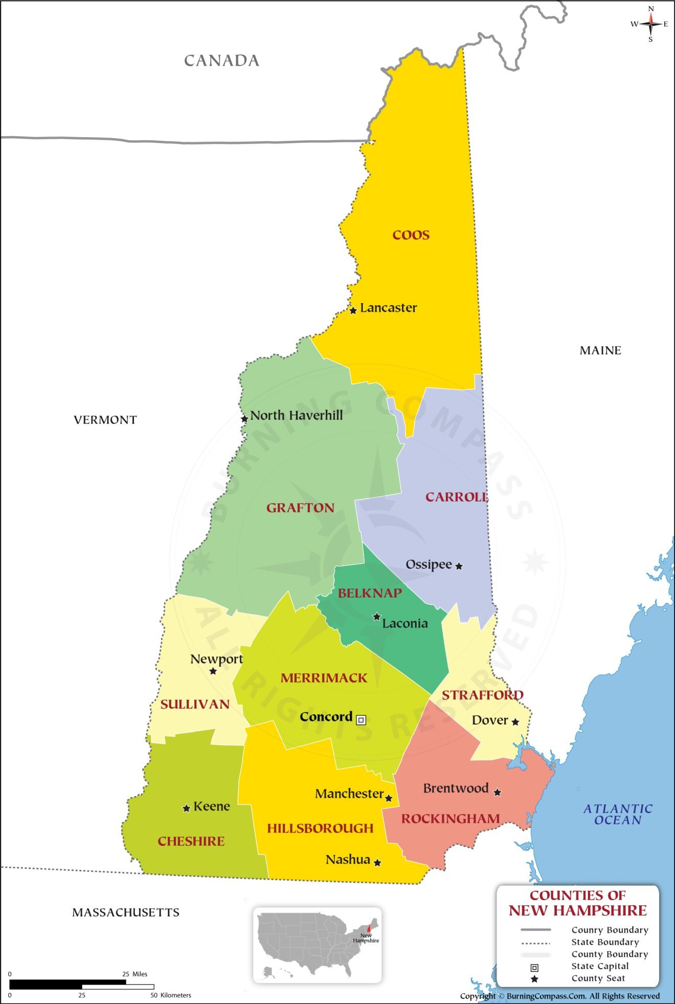 Buy New Hampshire County Map Online, Purchase New Hampshire County Map