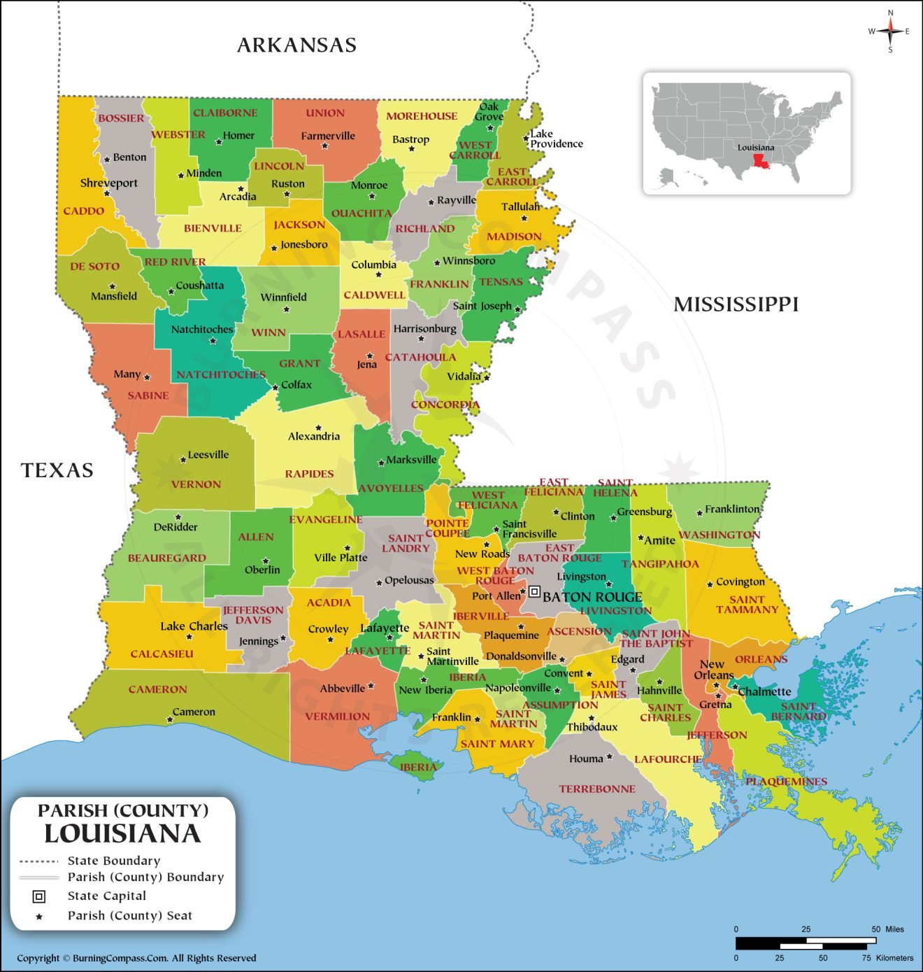 Buy Louisiana Parish Map, Purchase Louisiana County Map Online