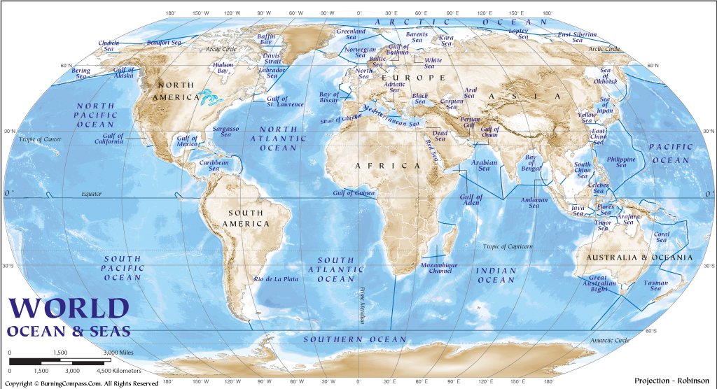 world map labeled seas